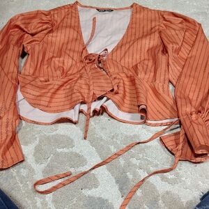 SHEIN Orange Striped Puff Sleeve Tie Front Peplum Blouse Women M